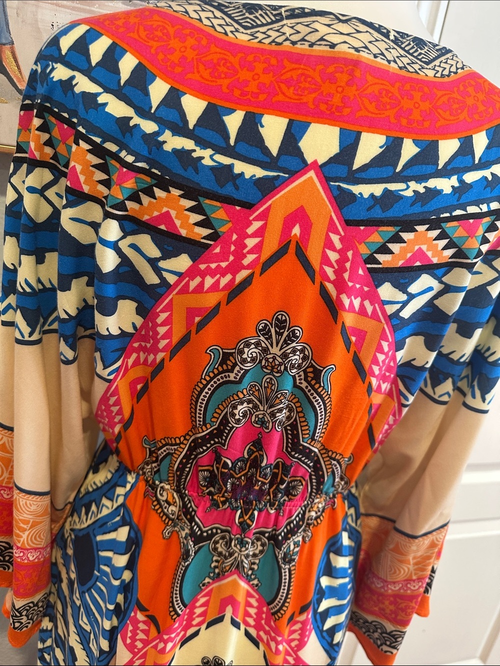 Flying Tomato Sz Large Bold Printed V-Neck Maxi Dress in Blue, Orange, Cream - Picture 6 of 10